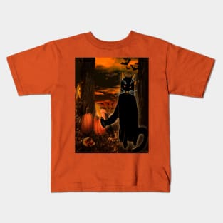 Evil Halloween Black Cat with knife Kids T-Shirt